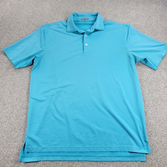 Peter Millar Mens Summer Comfort Golf Polo Shirt Large Teal Blue Striped Button - Picture 1 of 12